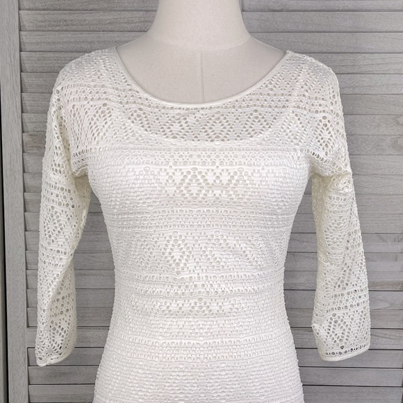 EXPRESS Crochet Overlay 3/4 Sleeve Bodycon Midi Dress White-XS - Picture 2 of 4